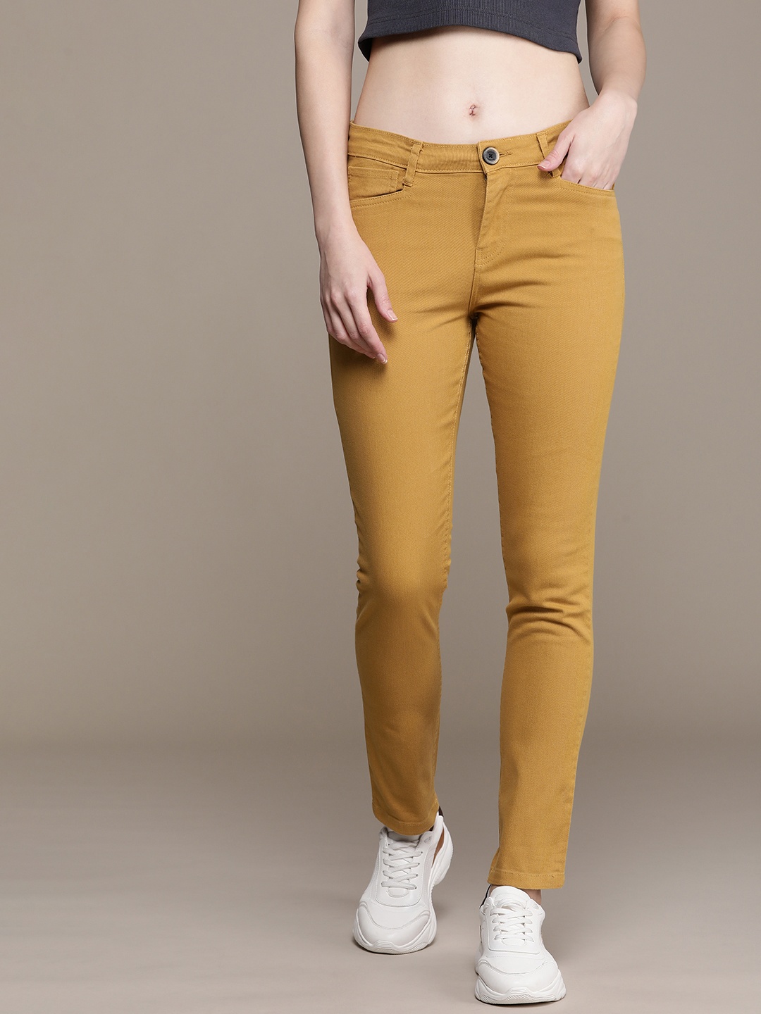 Roadster Women Classic Slim Fit Solid Low-Rise Trousers, Khaki