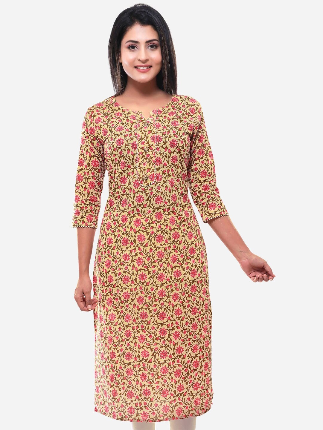 

Jevi Prints Women Yellow & Pink Ethnic Motifs Printed Pure Cotton Kurta