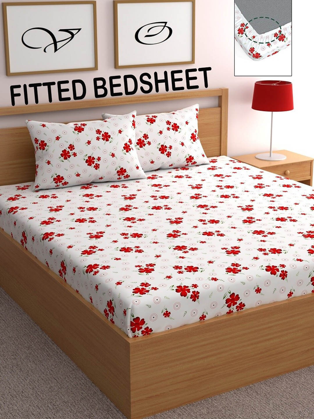

CHHAVI INDIA Red & White Floral 210 TC Queen Bedsheet with 2 Pillow Covers