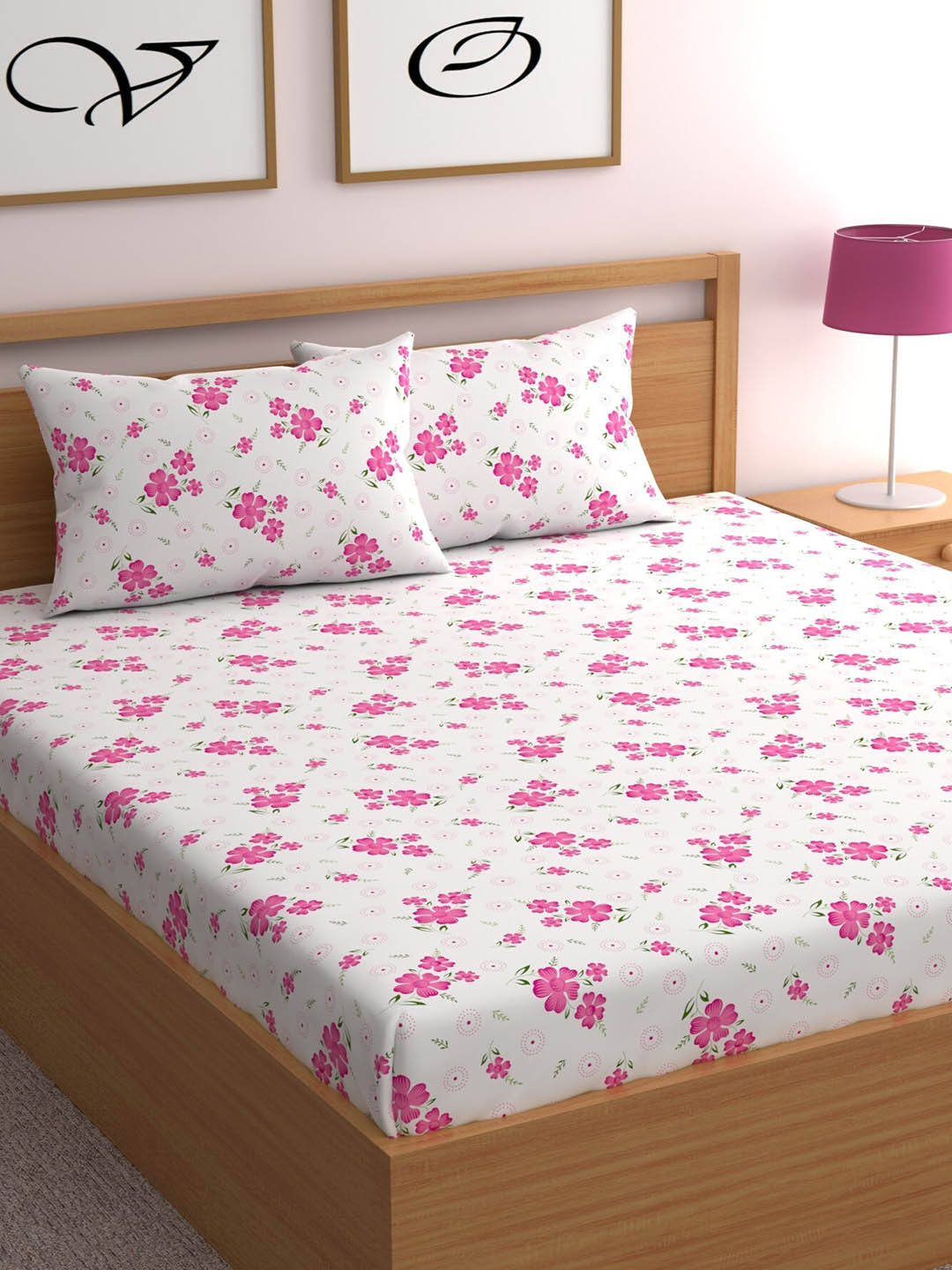 

CHHAVI INDIA Pink & White Floral 210 TC Fitted Queen Bedsheet with 2 Pillow Covers