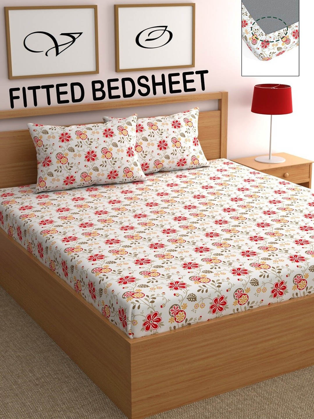 

CHHAVI INDIA Red & Green Floral 210 TC Queen Bedsheet with 2 Pillow Covers