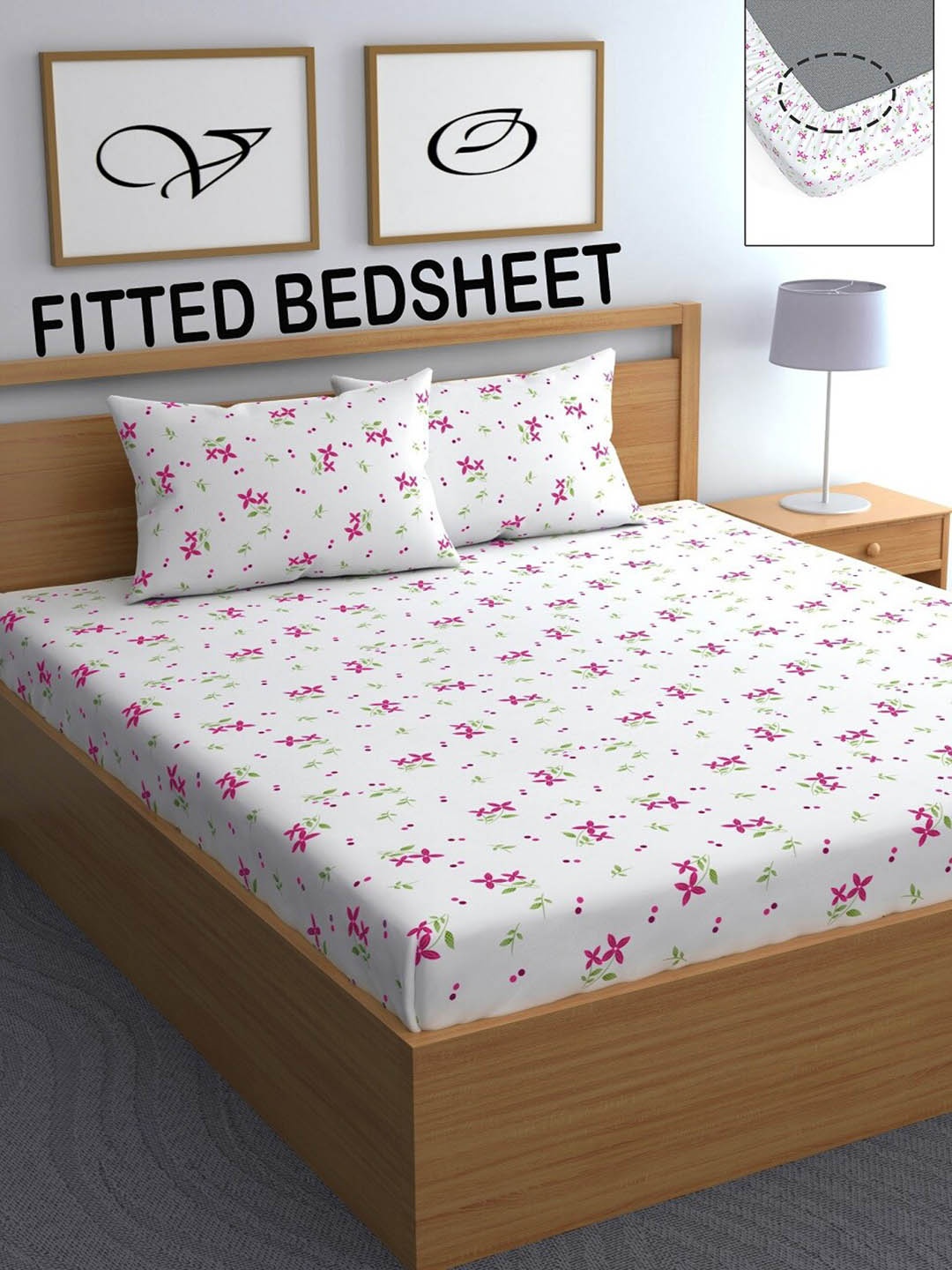 

CHHAVI INDIA Pink & White Floral 210 TC Queen Bedsheet with 2 Pillow Covers