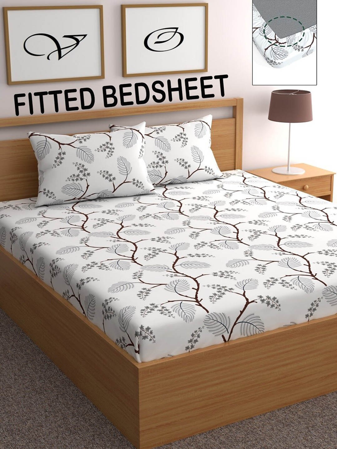 

CHHAVI INDIA Grey & White Floral 210 TC Queen Bedsheet with 2 Pillow Covers