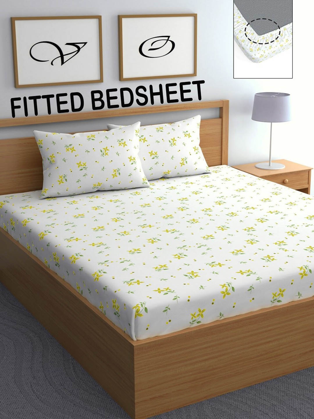 

CHHAVI INDIA White & Yellow Floral 210 TC Queen Bedsheet with 2 Pillow Covers