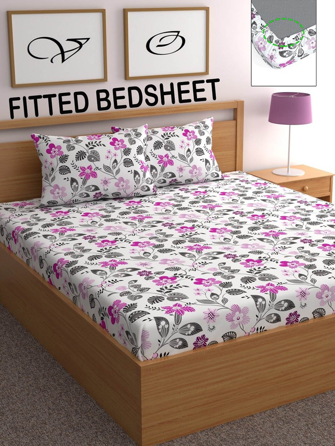 

CHHAVI INDIA White & Grey Floral 210 TC Fitted Queen Bedsheet with 2 Pillow Covers