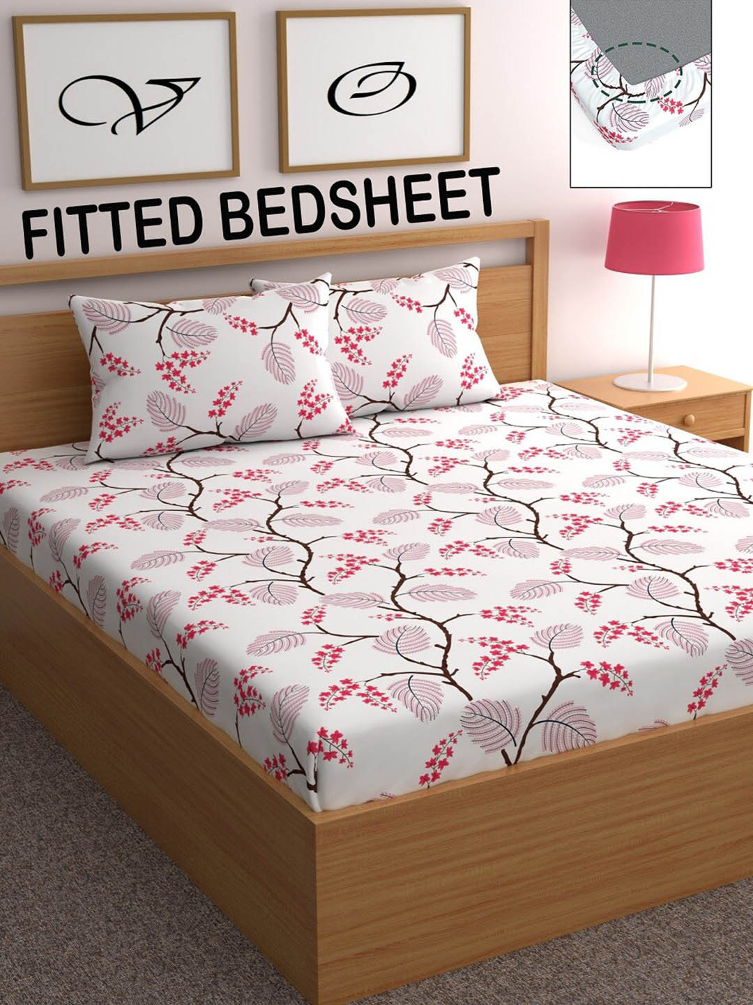 

CHHAVI INDIA White & Pink Floral 210 TC Fitted Queen Bedsheet with 2 Pillow Covers