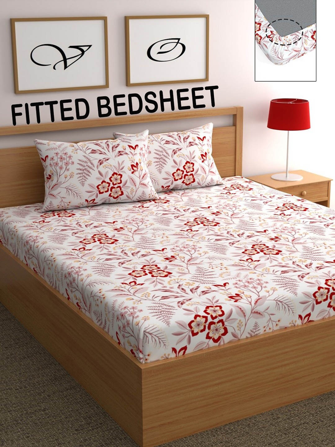 

CHHAVI INDIA Red & White Floral 210 TC Queen Bedsheet with 2 Pillow Covers