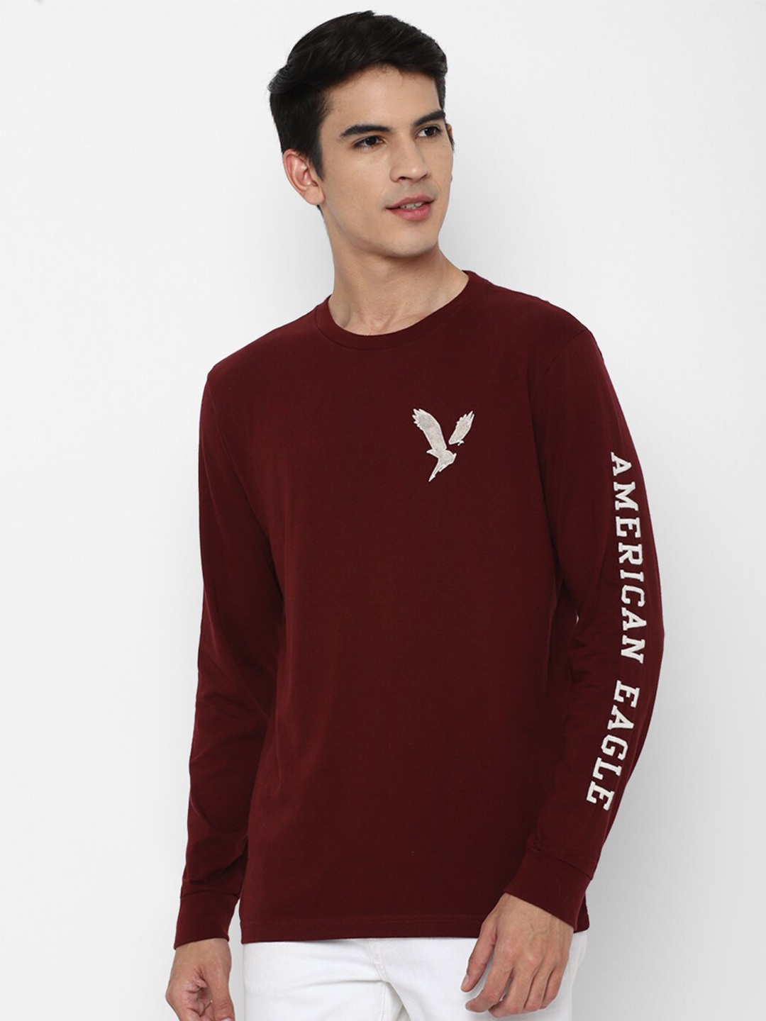 

AMERICAN EAGLE OUTFITTERS Men Burgundy Brand Logo Printed Pure Cotton T-shirt