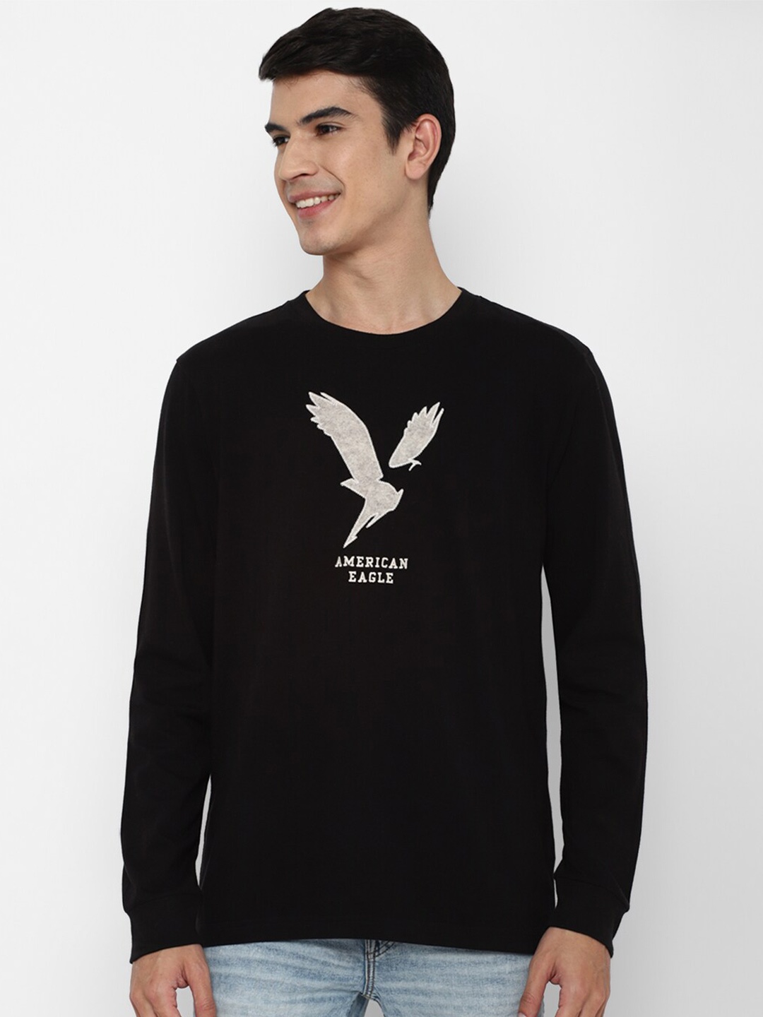

AMERICAN EAGLE OUTFITTERS Men Black Brand Logo Printed Pure Cotton T-shirt