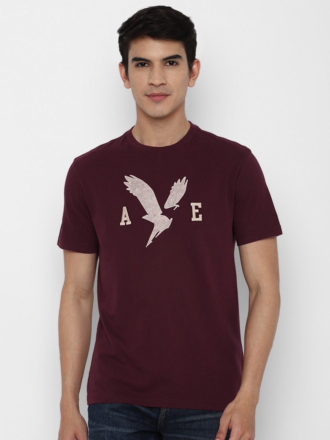 

AMERICAN EAGLE OUTFITTERS Men Burgundy Brand Logo Printed Pure Cotton T-shirt