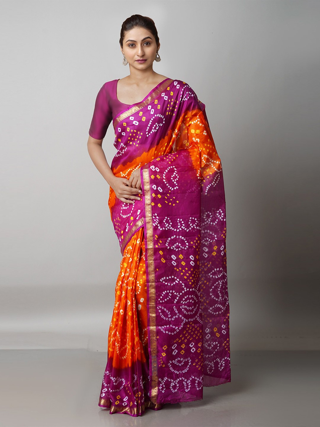 

Unnati Silks Orange & Purple Bandhani Pure Silk Handloom Bandhani Saree