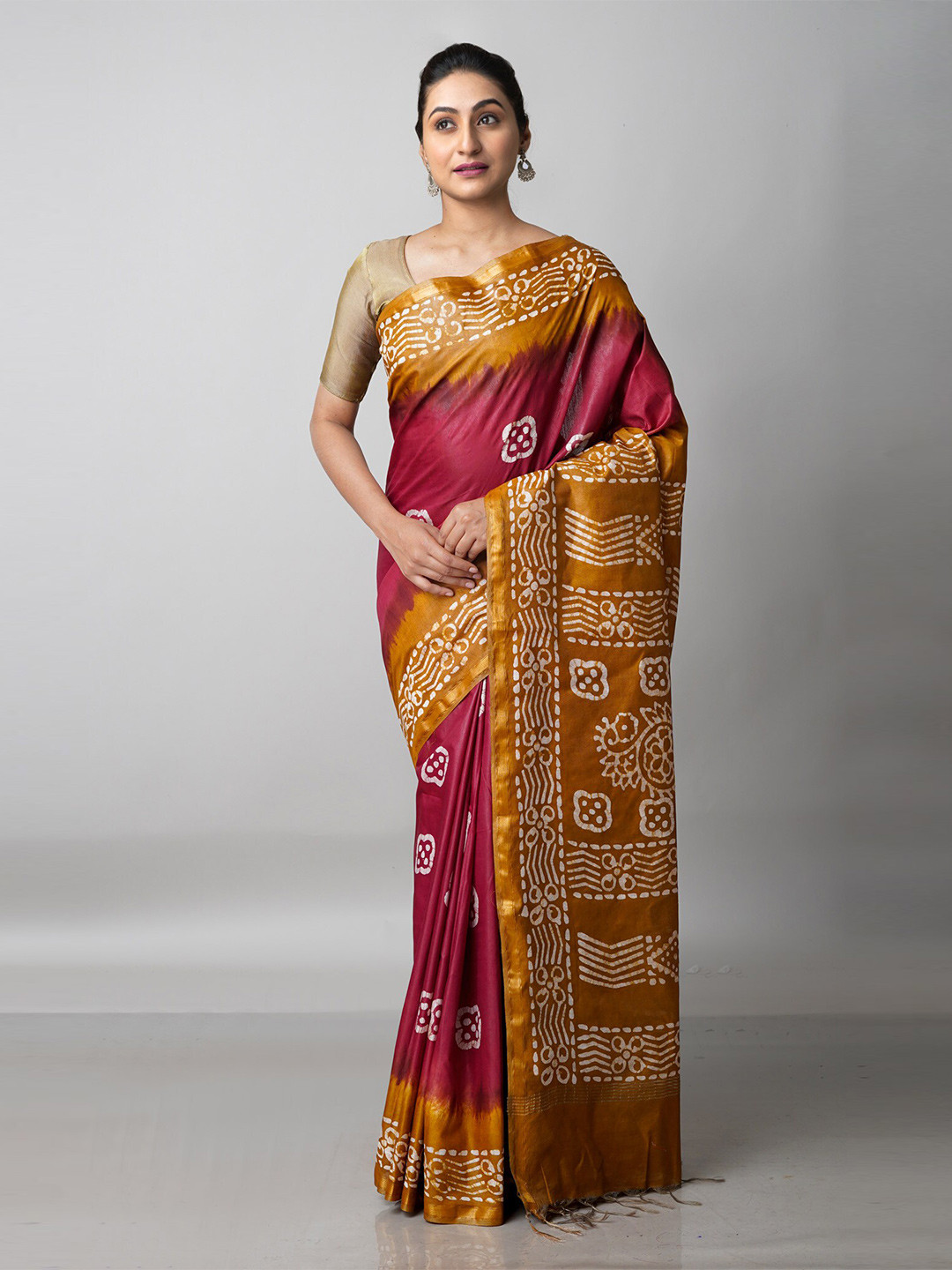

Unnati Silks Purple & Mustard Batik Pure Silk Handloom Chanderi Saree