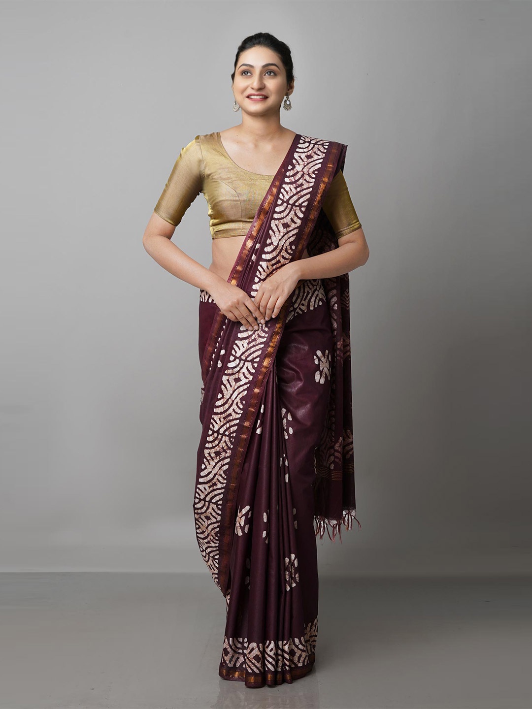 

Unnati Silks Brown & White Batik Pure Silk Handloom Chanderi Saree