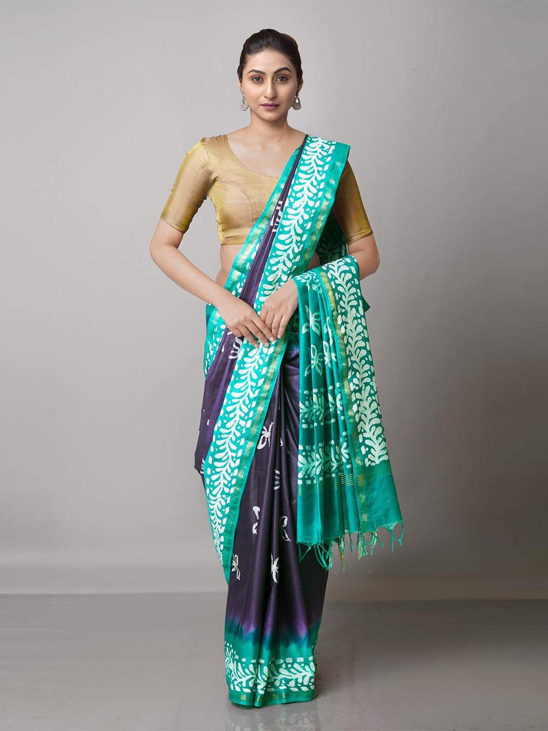 

Unnati Silks Navy Blue & Blue Batik Pure Silk Chanderi Saree