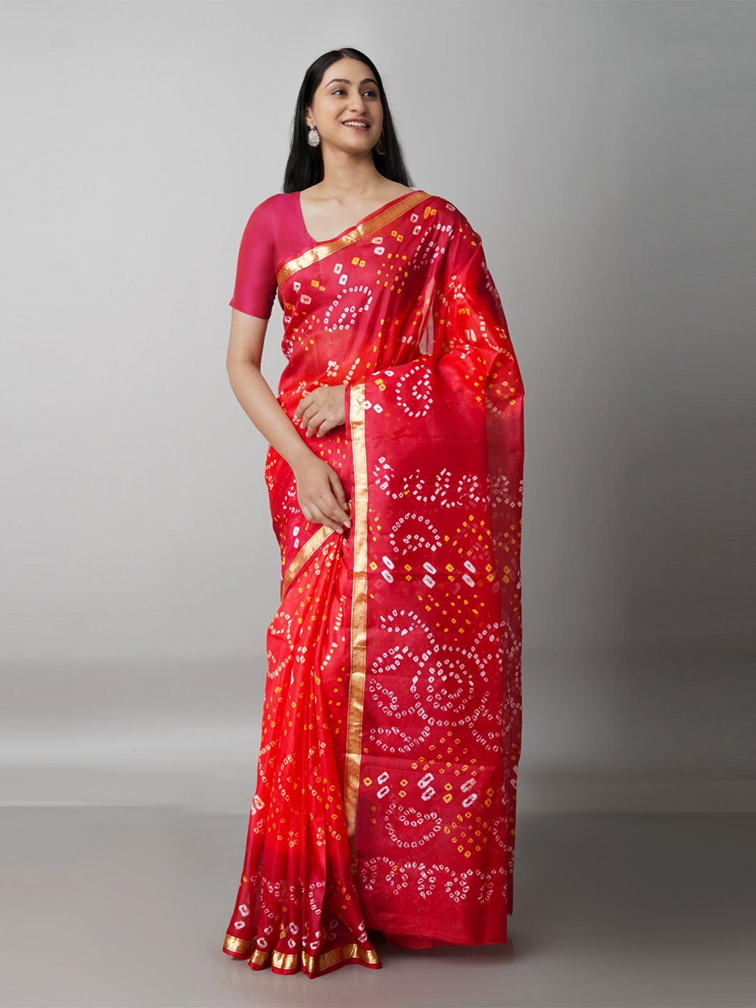 

Unnati Silks Red & White Bandhani Pure Silk Handloom Bandhani Saree