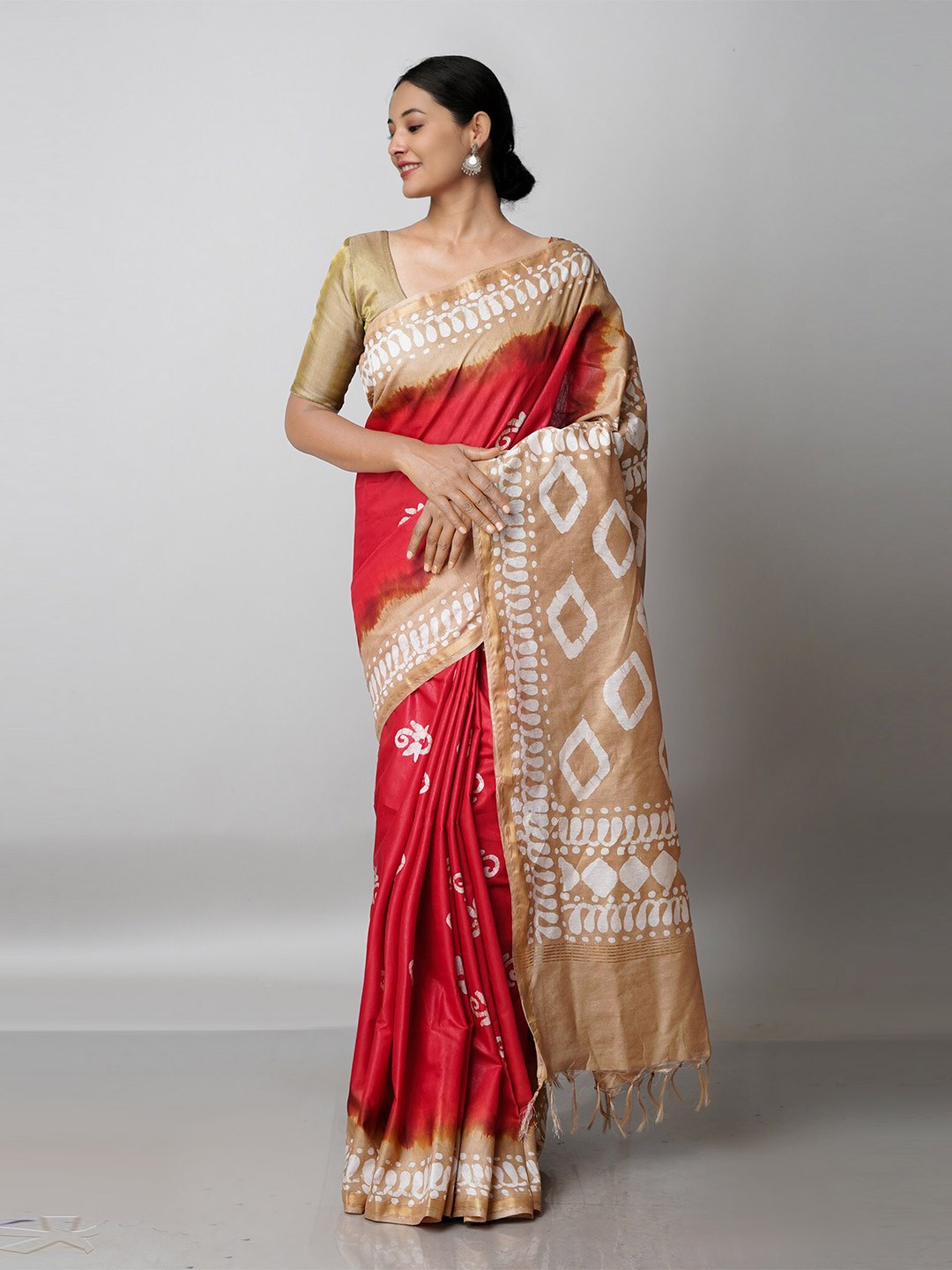 

Unnati Silks Red & Brown Batik Pure Silk Handloom Chanderi Saree