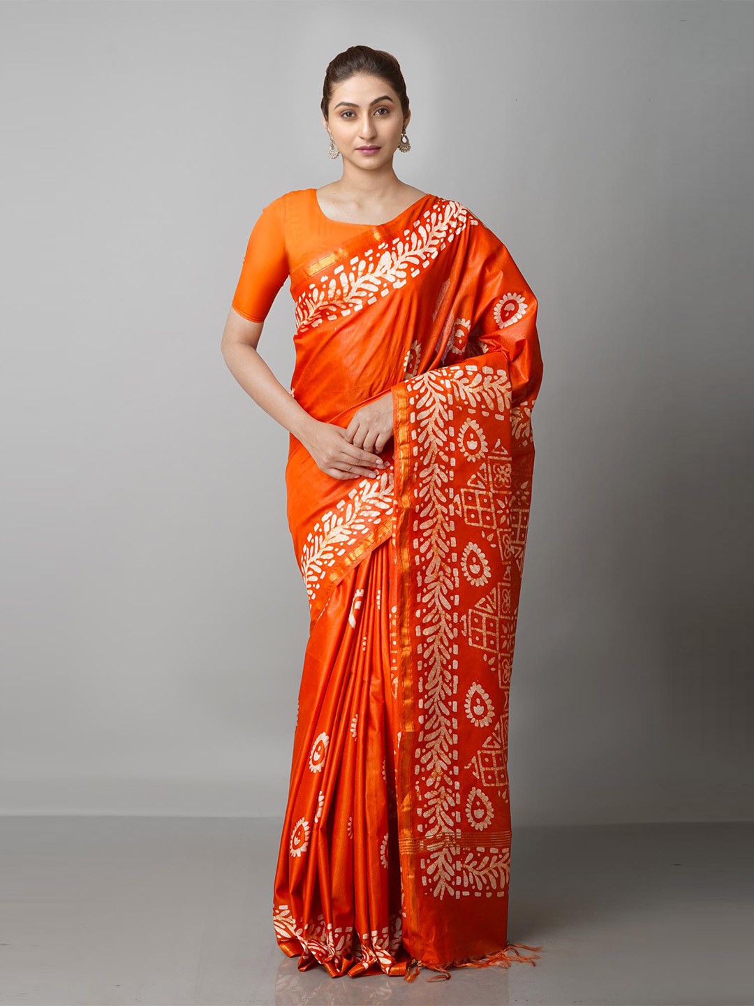 

Unnati Silks Orange & White Batik Pure Silk Handloom Chanderi Saree