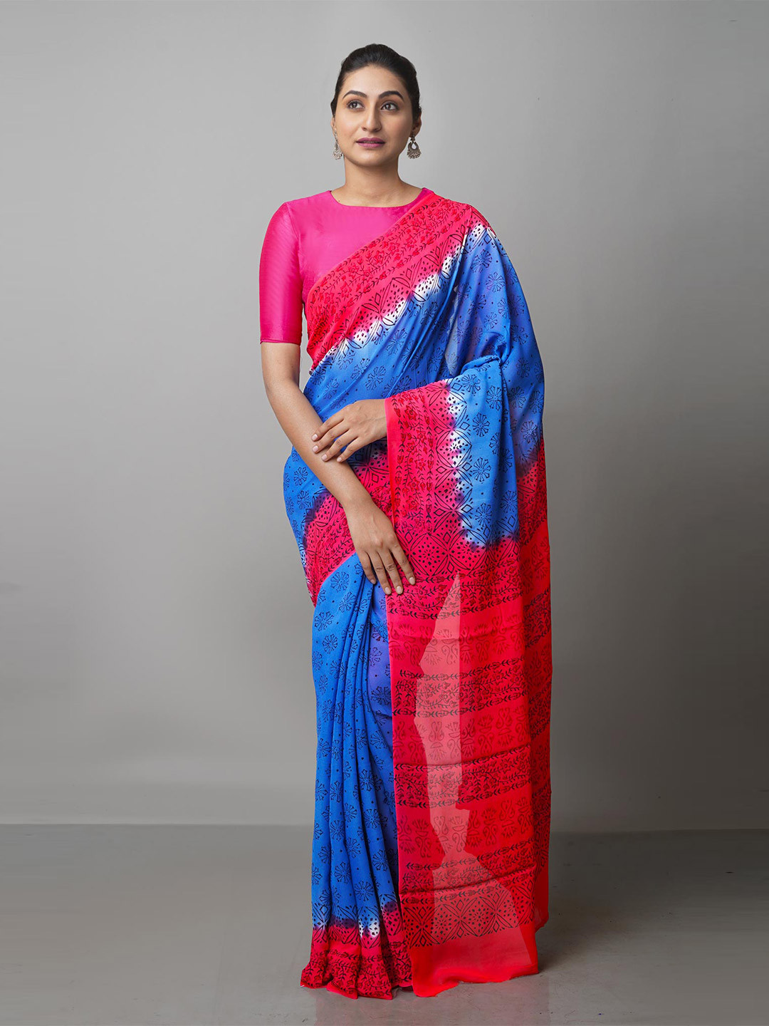 

Unnati Silks Blue & Red Ethnic Motifs Block Print Saree