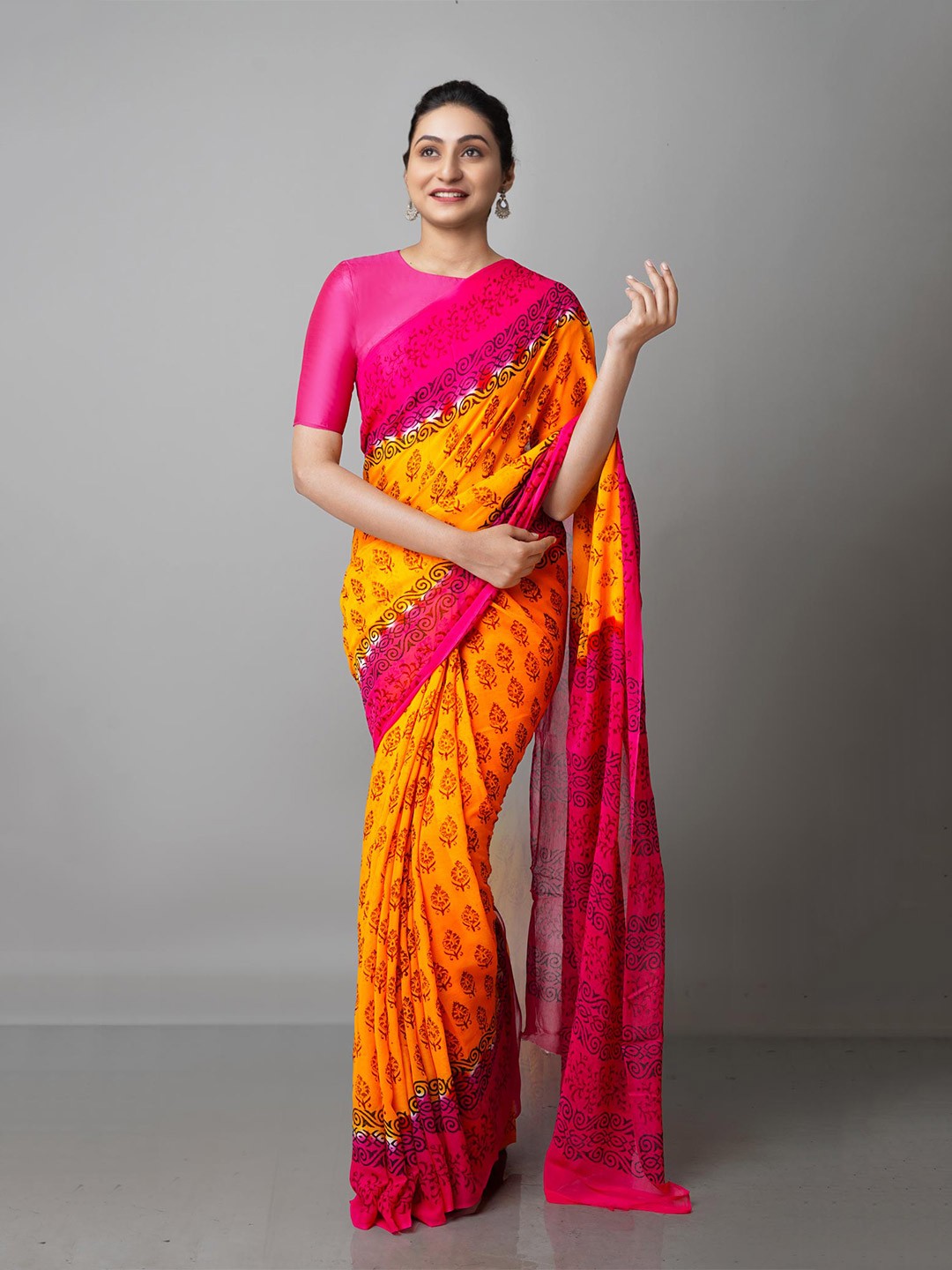 

Unnati Silks Yellow & Black Ethnic Motifs Block Print Saree