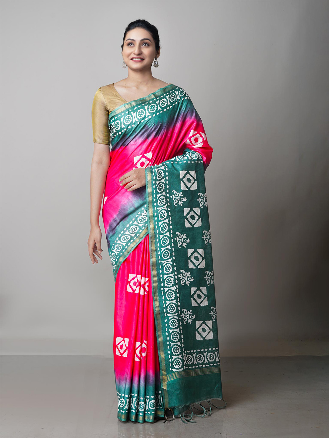

Unnati Silks Pink & Teal Batik Pure Silk Chanderi Saree