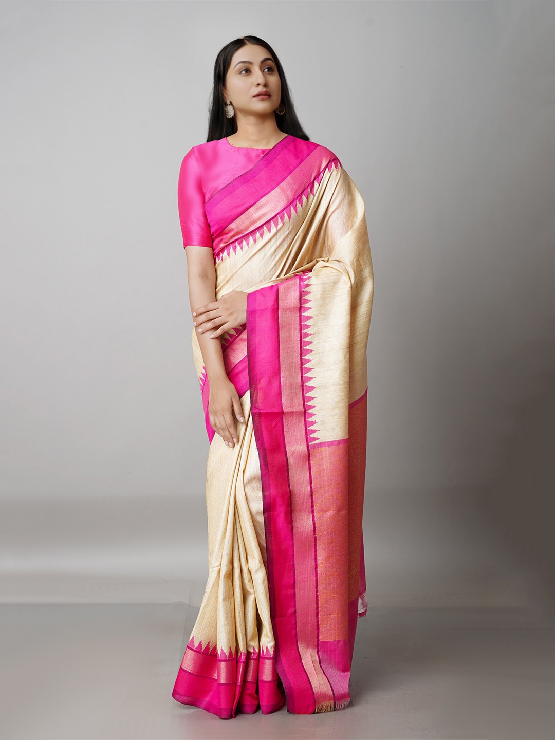 

Unnati Silks Beige & Pink Woven Design Zari Jute Silk Handloom Tussar Saree