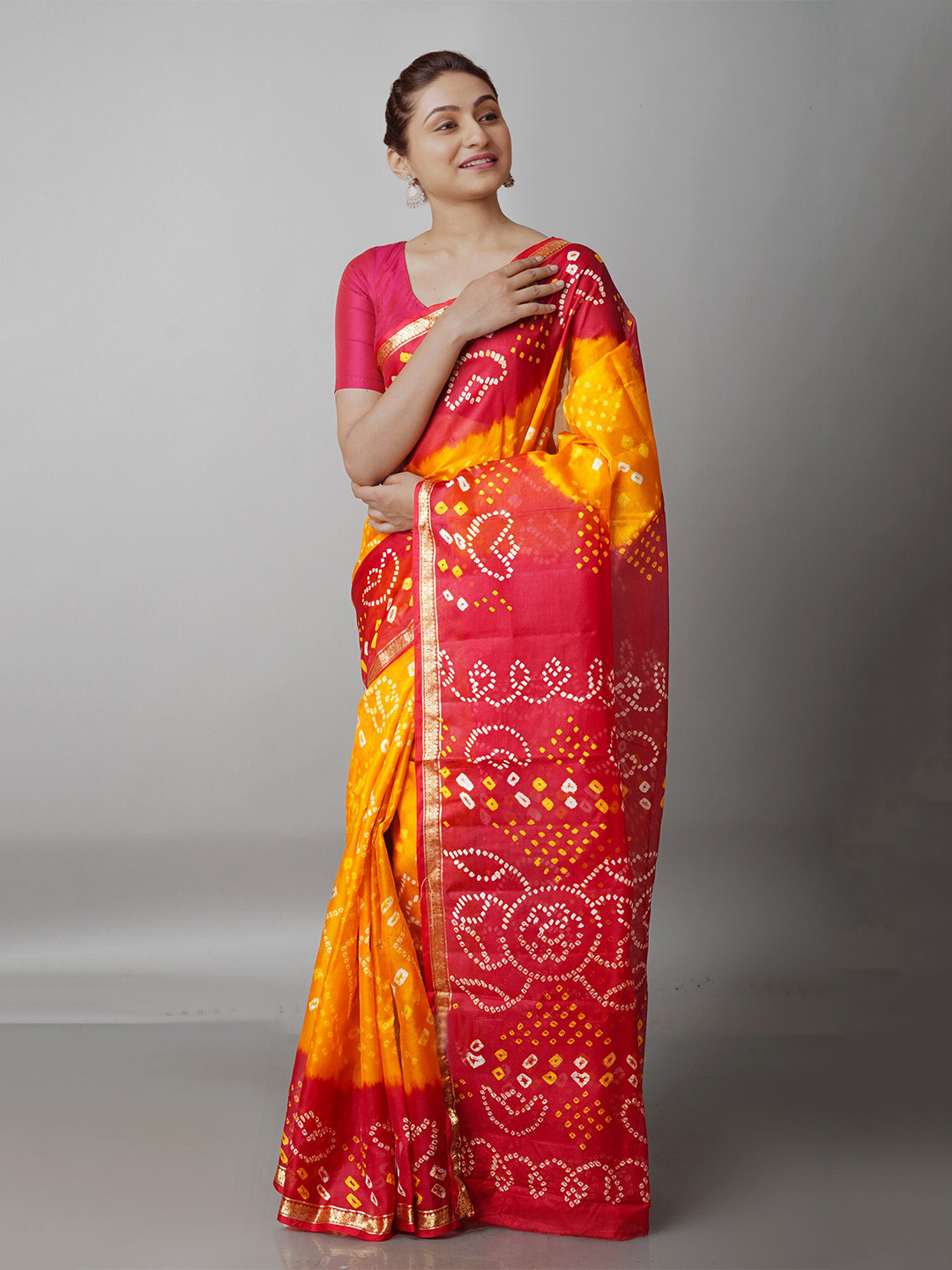 

Unnati Silks Mustard & Red Bandhani Pure Silk Handloom Bandhani Saree