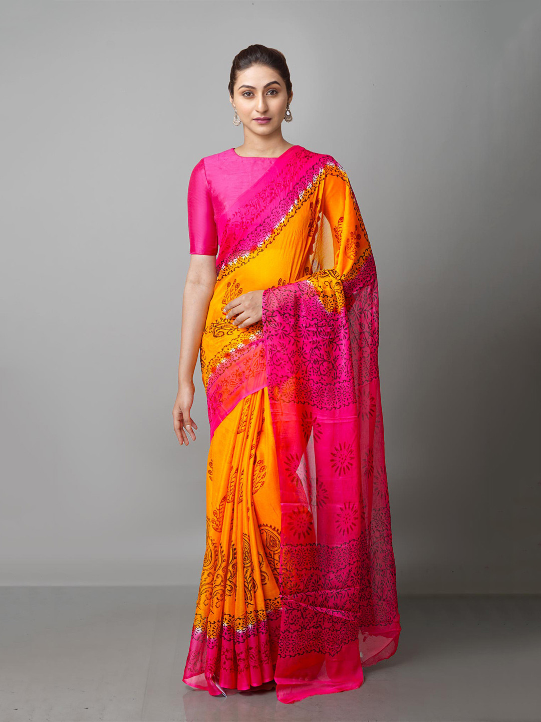 

Unnati Silks Yellow & Orange Ethnic Motifs Block Print Saree