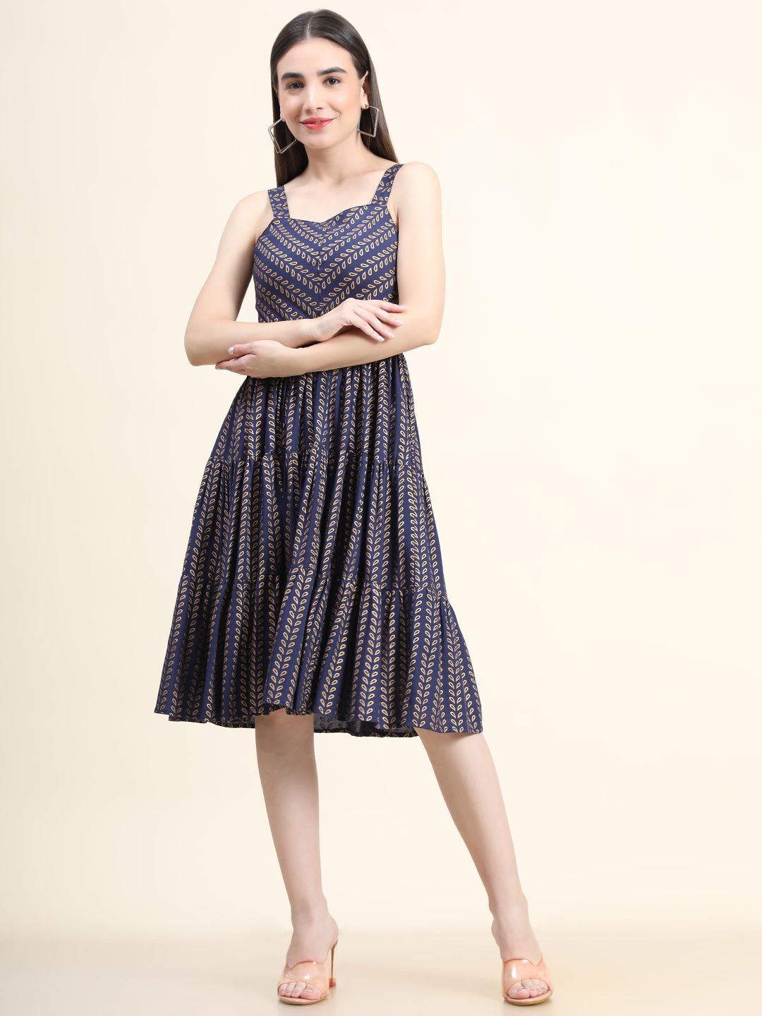

DAEVISH Floral Printed Sleeveless Shoulder Straps A-Line Dress, Navy blue