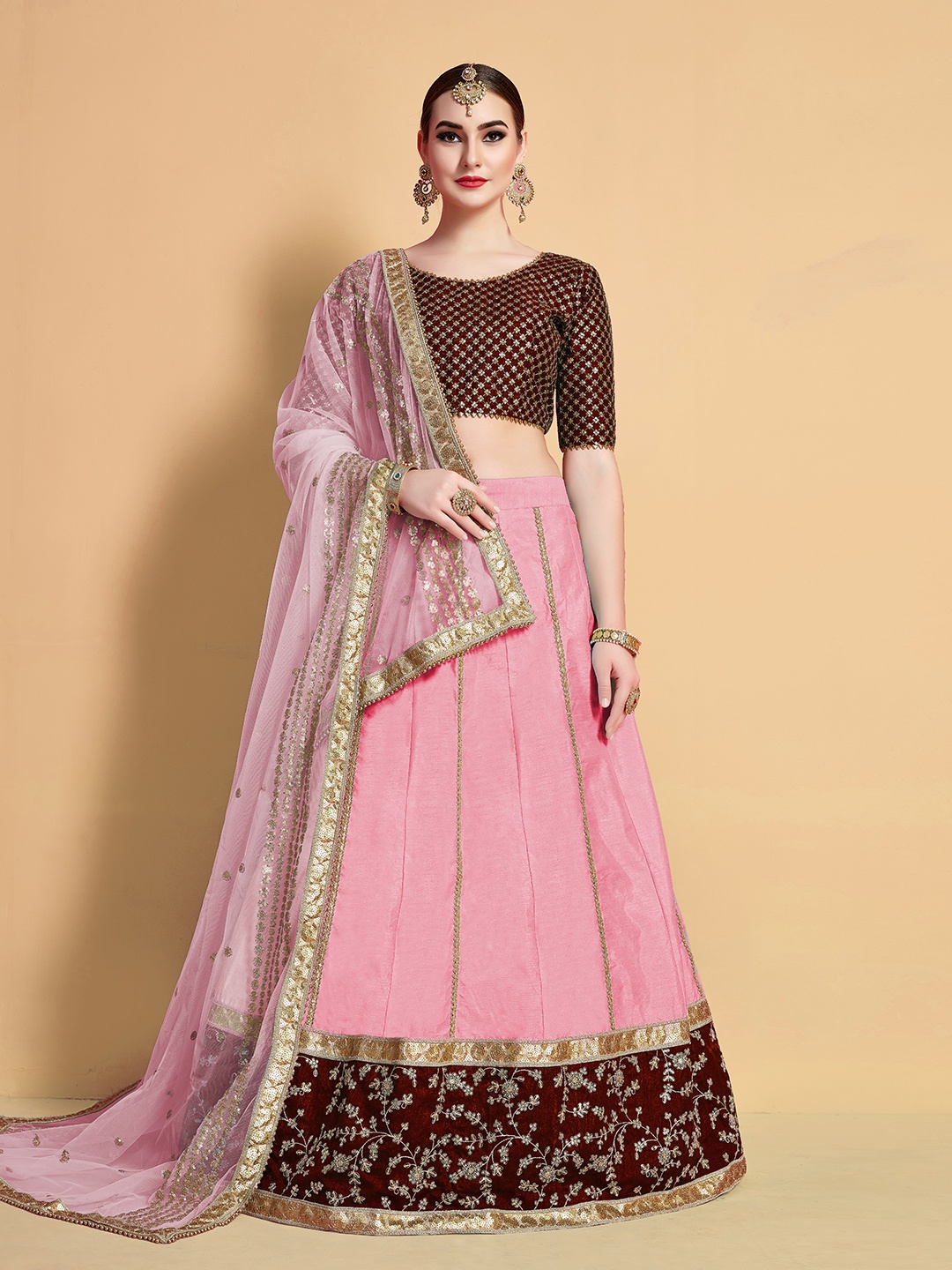 

Fusionic Pink & Gold-Toned Embroidered Sequinned Semi-Stitched Lehenga & Unstitched Blouse With Dupatta