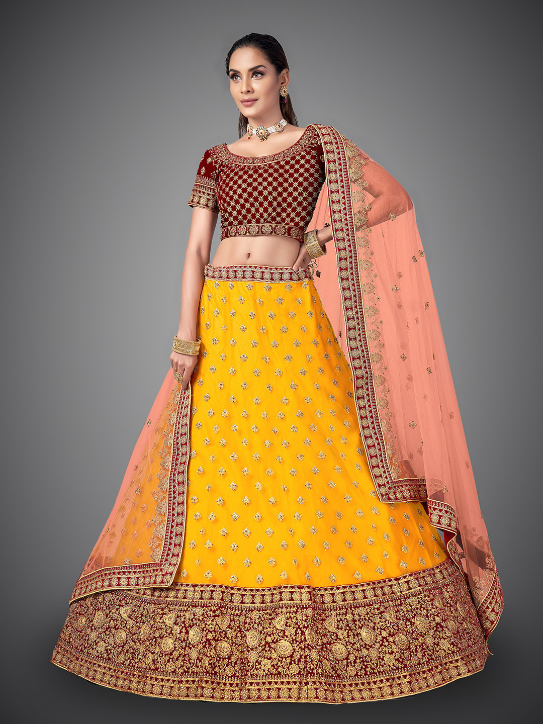

Fusionic Yellow & Pink Embroidered Semi-Stitched Lehenga & Unstitched Blouse With Dupatta