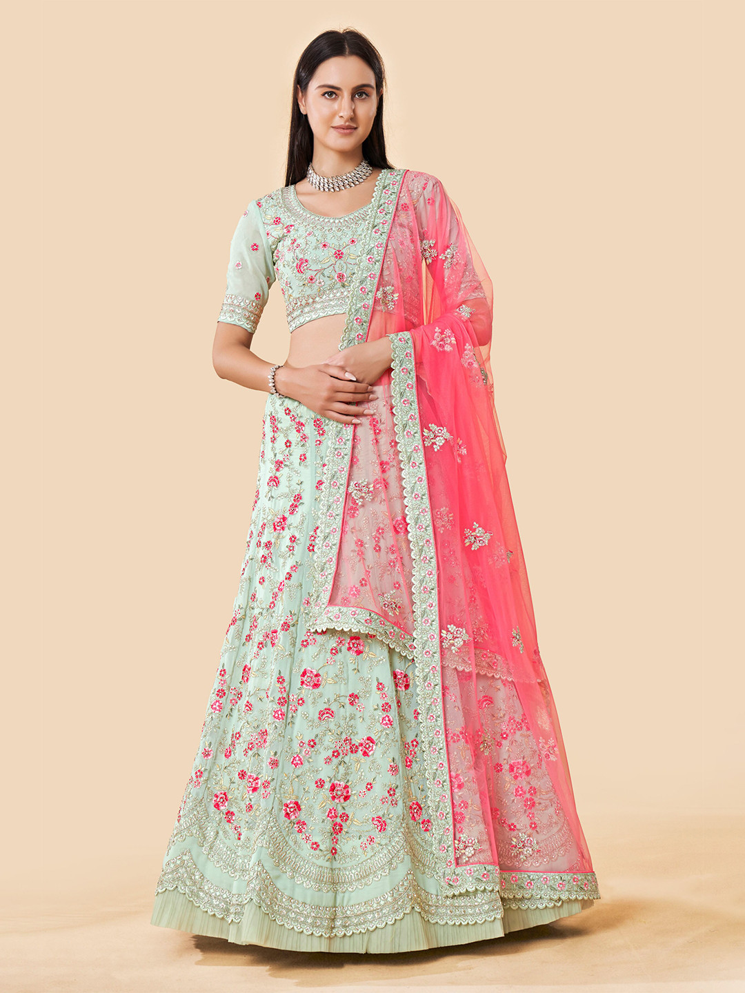 

Fusionic Green & Pink Embroidered Thread Work Semi-Stitched Lehenga & Unstitched Blouse With Dupatta
