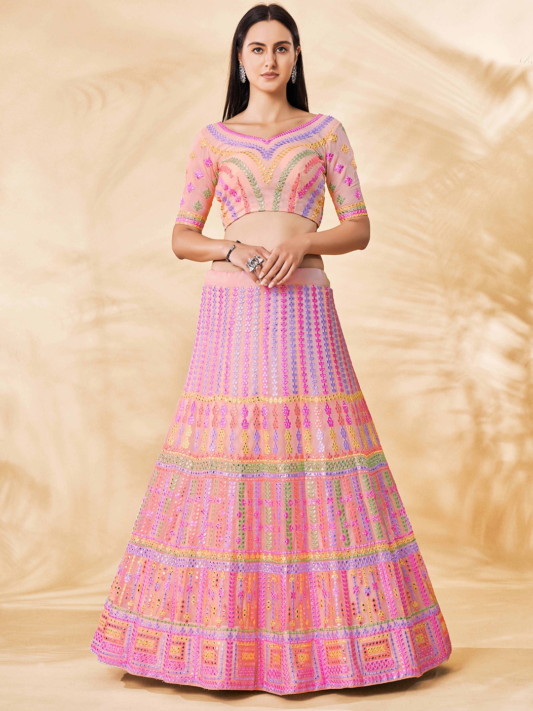 

Fusionic Pink & Blue Embroidered Semi-Stitched Lehenga & Unstitched Blouse With Dupatta