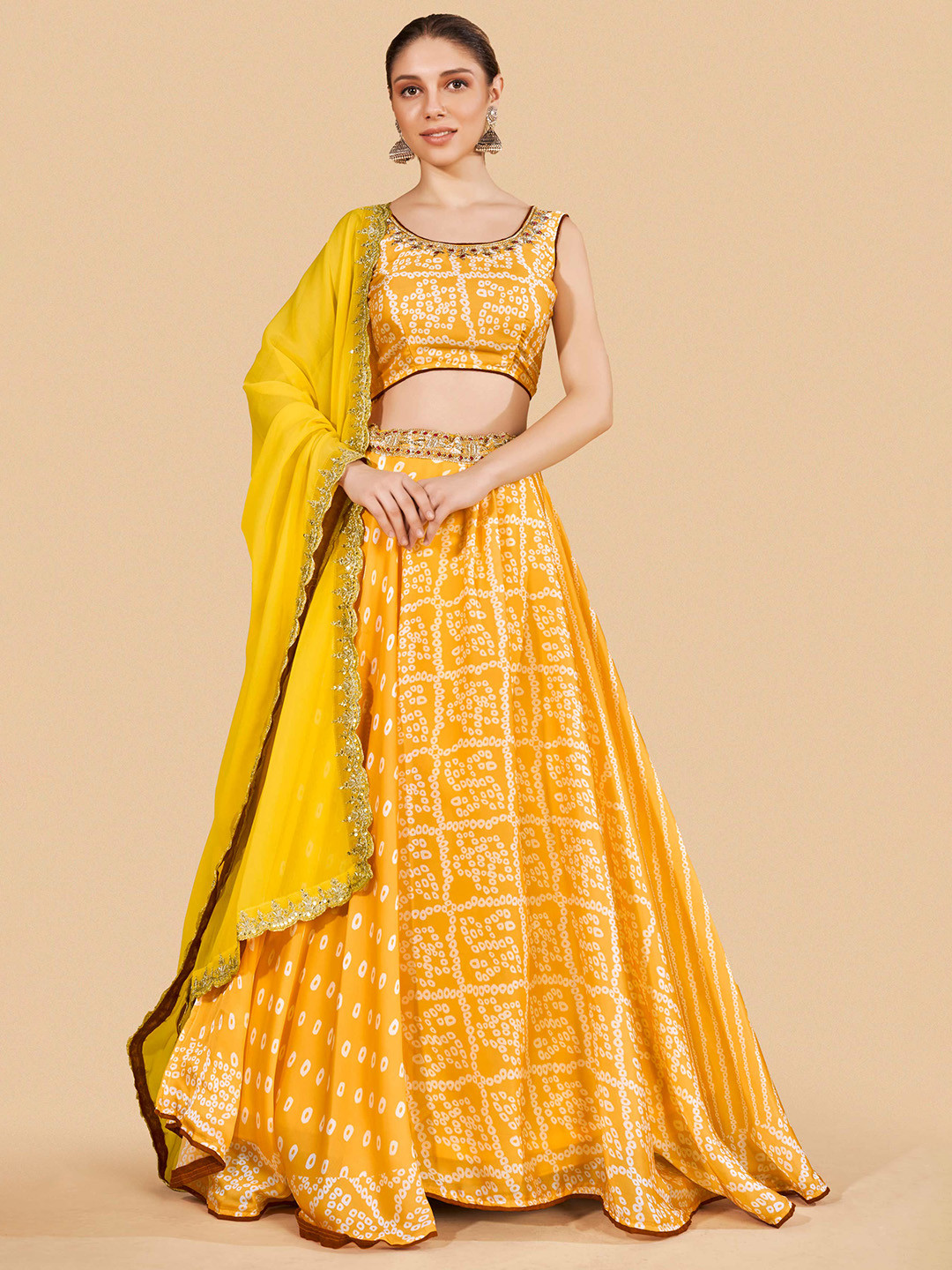 

Fusionic Yellow & Red Embroidered Sequinned Semi-Stitched Lehenga & Unstitched Blouse With Dupatta