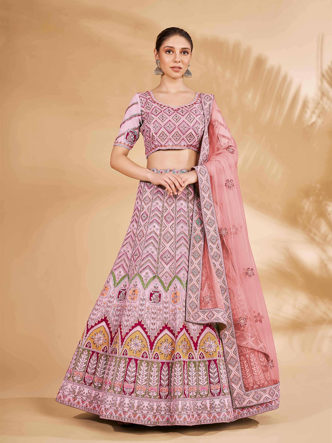

Fusionic Pink & Yellow Embroidered Sequinned Semi-Stitched Lehenga & Unstitched Blouse With Dupatta