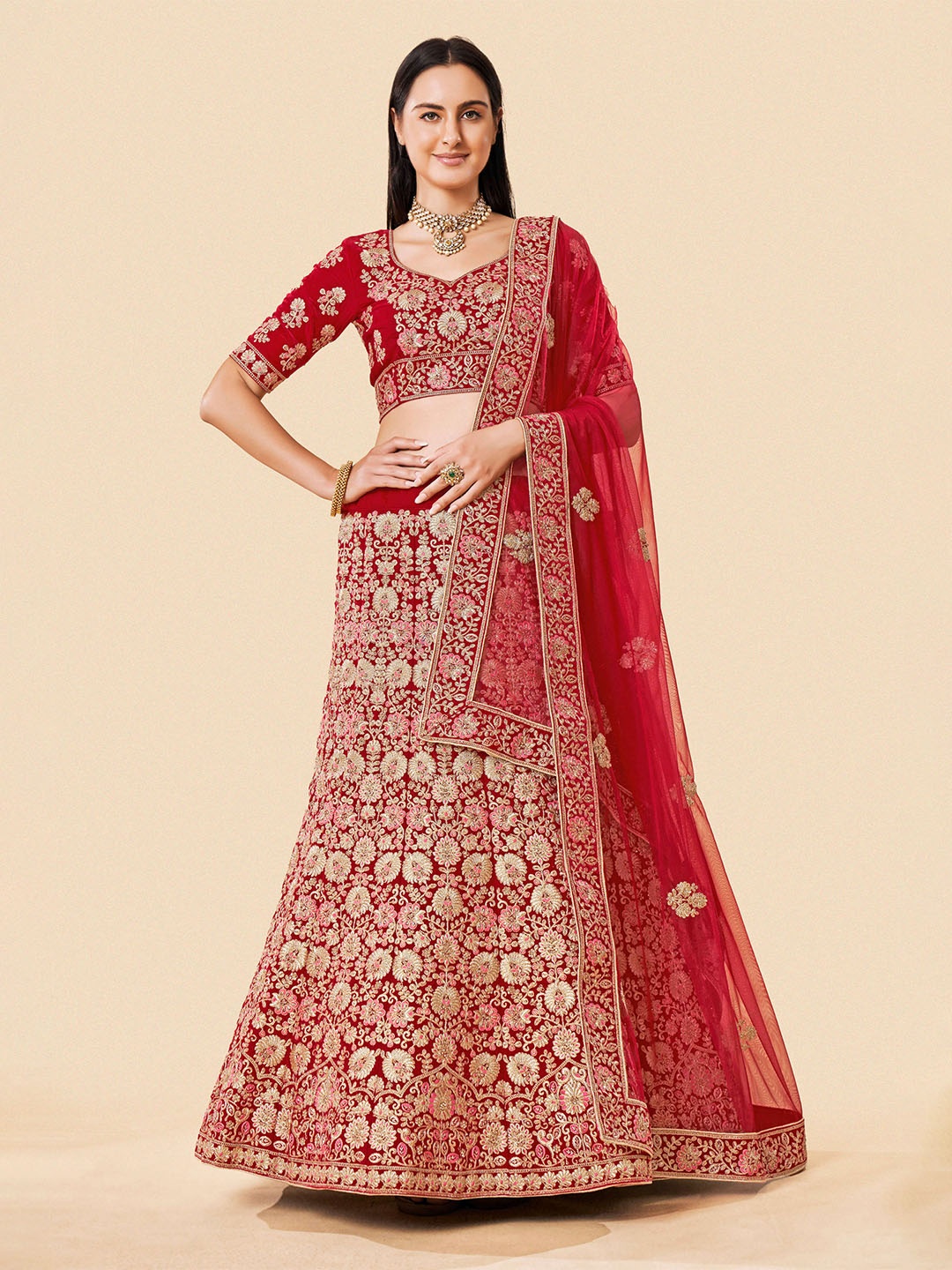

Fusionic Red & Gold-Toned Embroidered Thread Work Semi-Stitched Lehenga & Unstitched Blouse With Dupatta