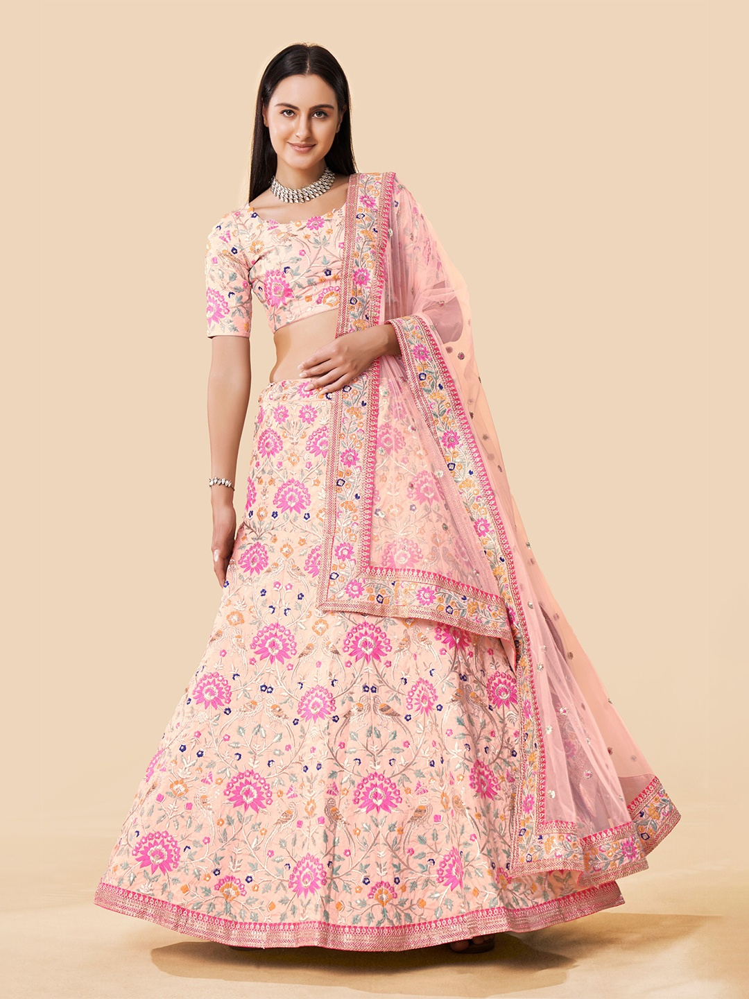 

Fusionic Pink & Off White Embroidered Semi-Stitched Lehenga & Unstitched Blouse With Dupatta