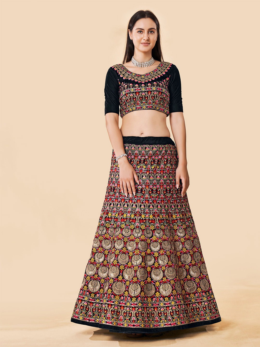 

Fusionic Navy Blue & Yellow Embroidered Thread Work Semi-Stitched Lehenga & Unstitched Blouse With Dupatta