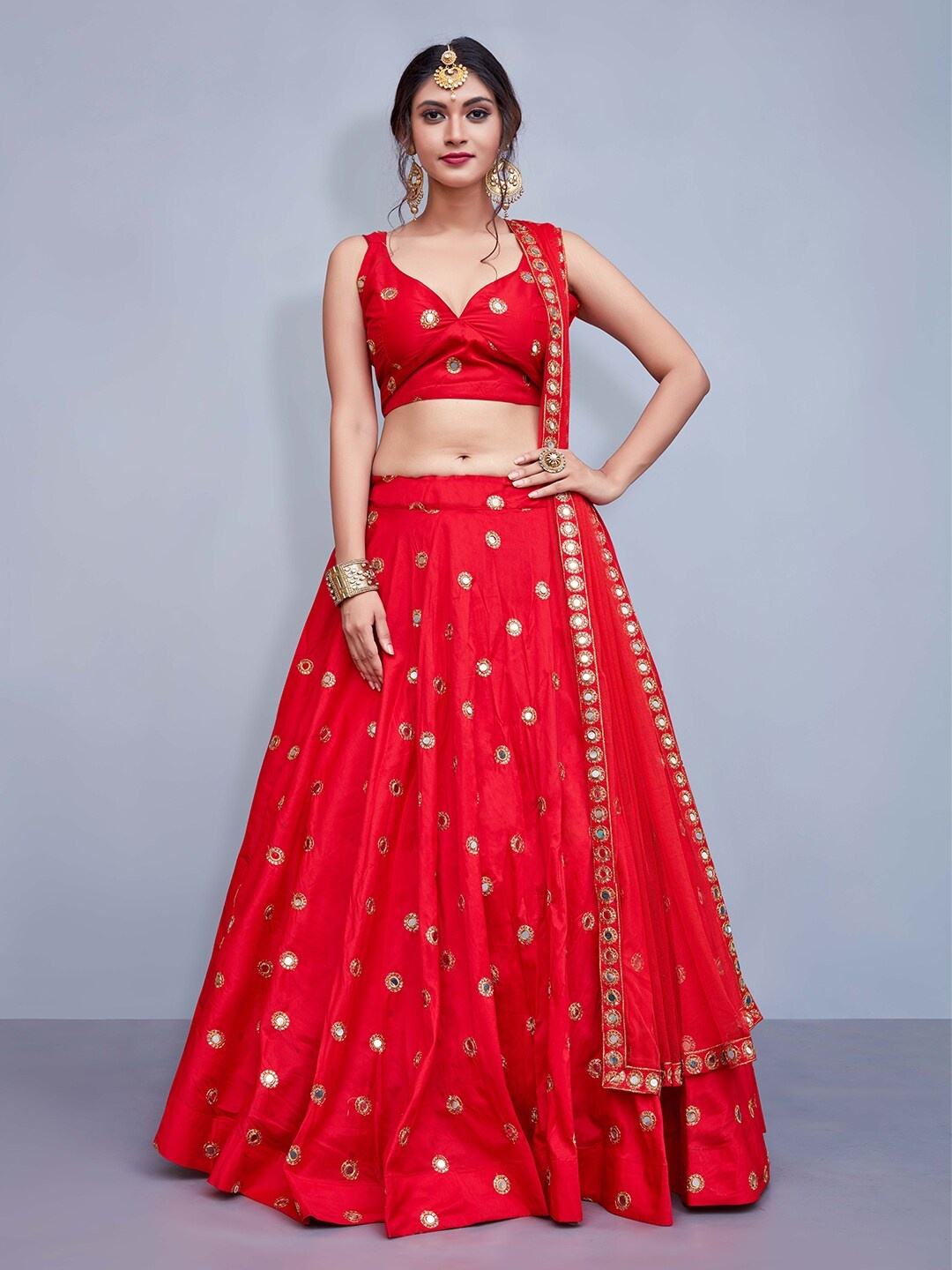 

Fusionic Red & Gold-Toned Embroidered Semi-Stitched Lehenga & Unstitched Blouse With Dupatta