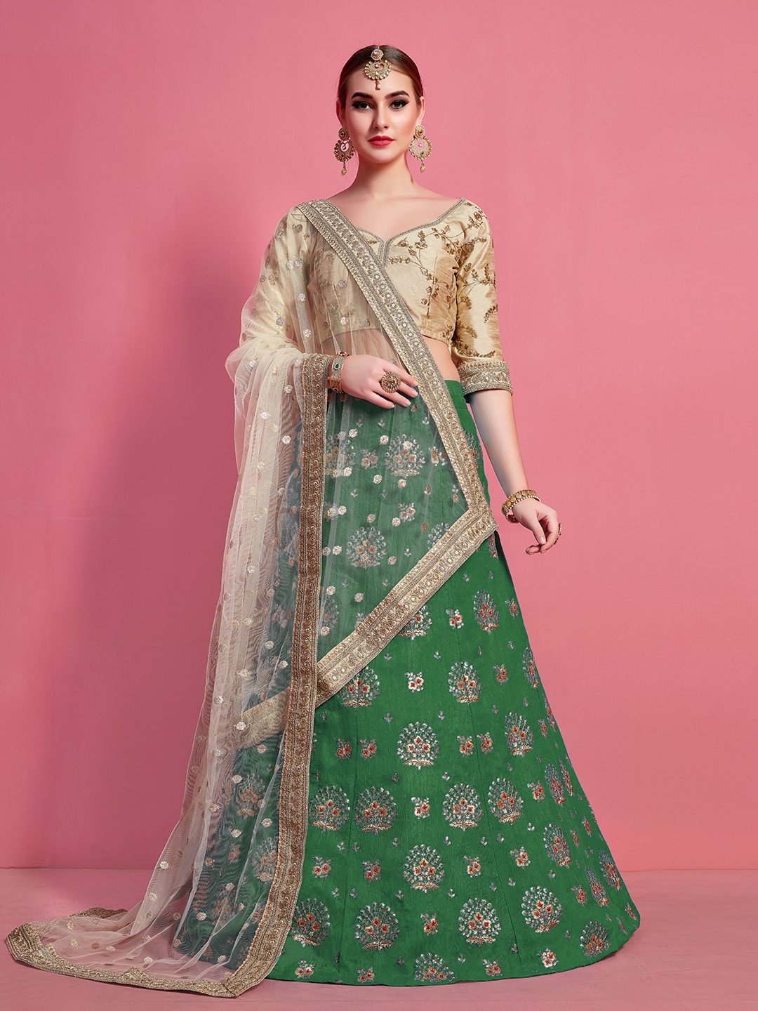 

Fusionic Green & Beige Embroidered Semi-Stitched Lehenga & Unstitched Blouse With Dupatta