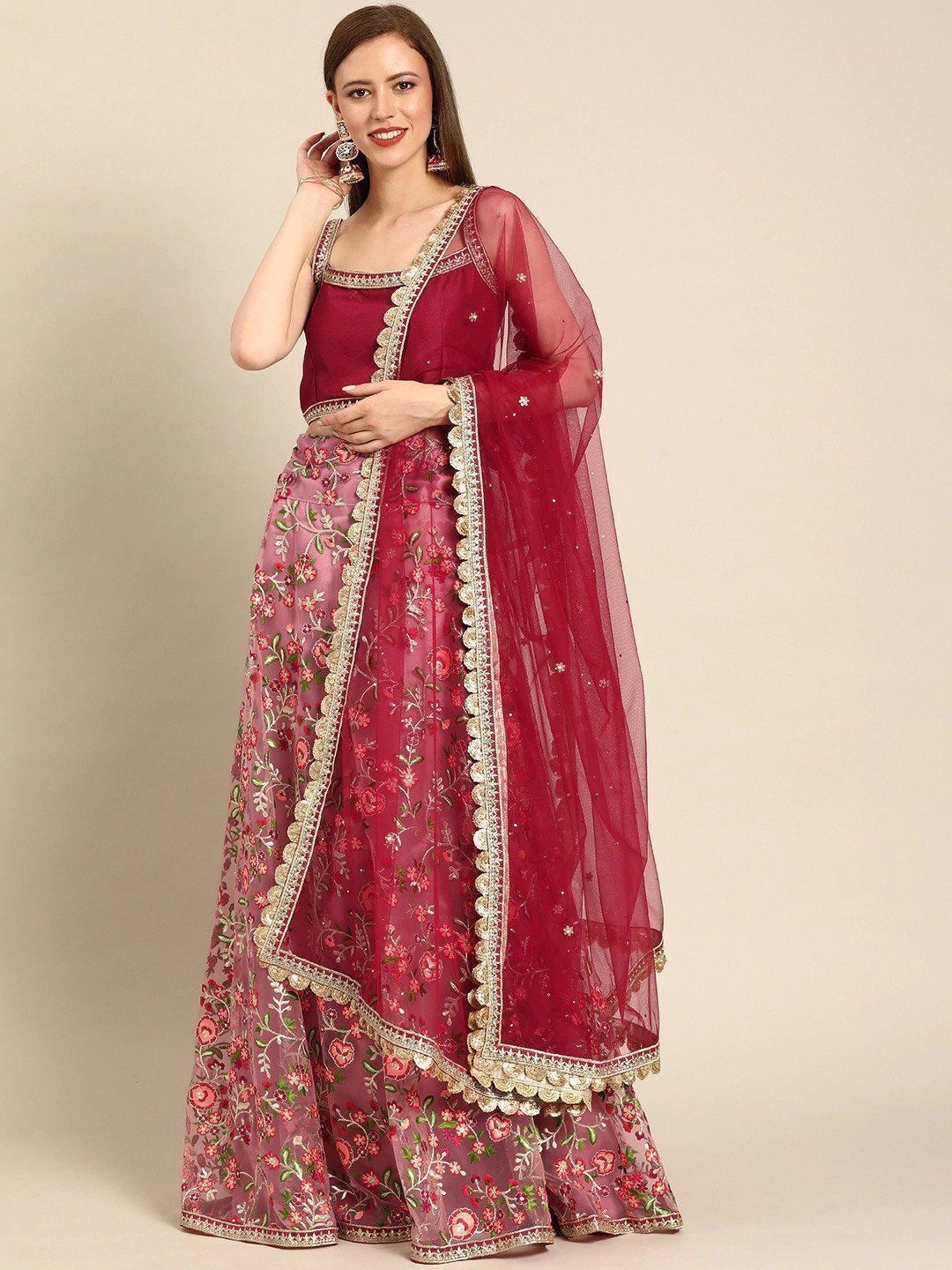 

Fusionic Peach-Coloured & Pink Embroidered Semi-Stitched Lehenga & Unstitched Blouse With Dupatta