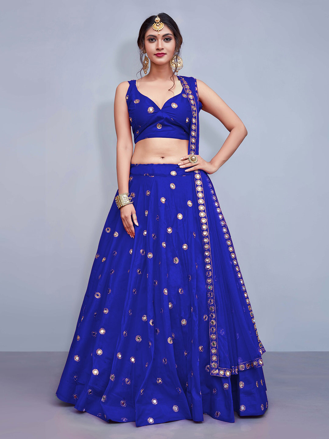 

Fusionic Blue & Gold-Toned Embroidered Mirror Work Semi-Stitched Lehenga & Unstitched Blouse With Dupatta