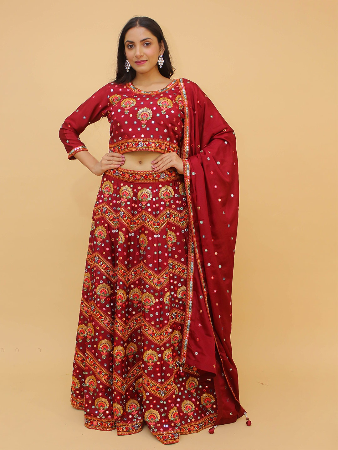 

Fusionic Maroon & Orange Embroidered Semi-Stitched Lehenga & Unstitched Blouse With Dupatta