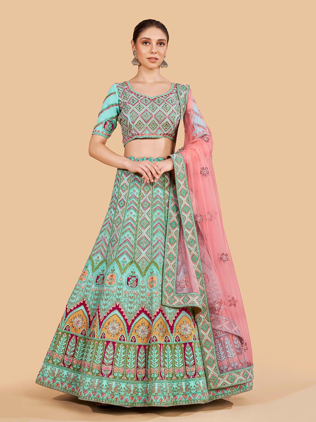 

Fusionic Blue & Gold-Toned Embroidered Thread Work Semi-Stitched Lehenga & Unstitched Blouse With Dupatta