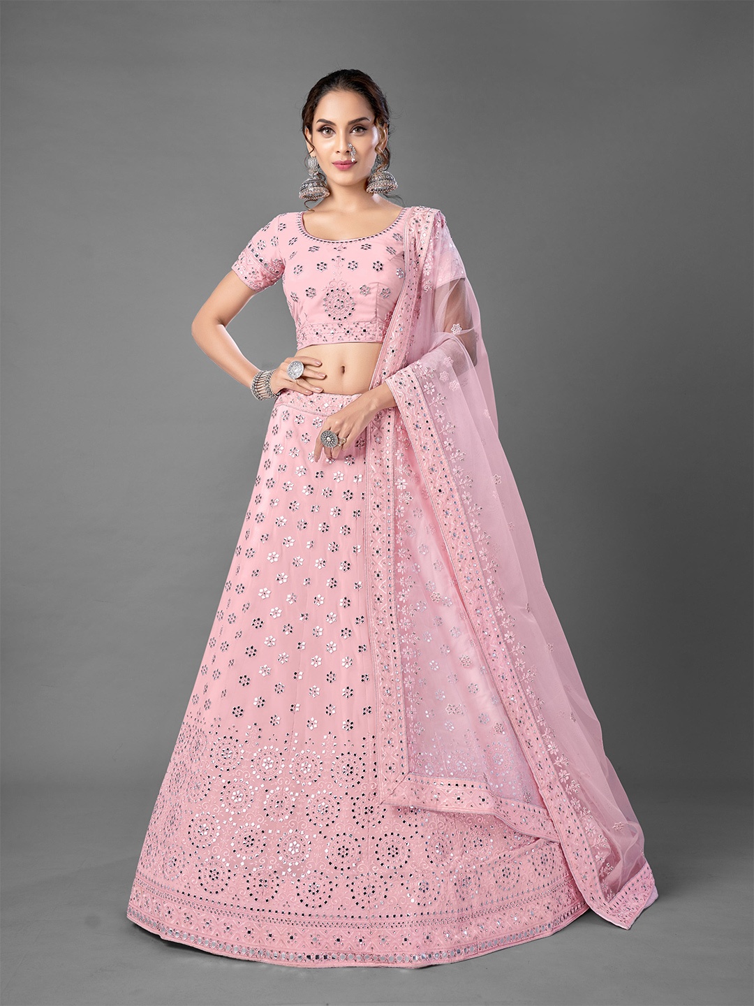 

Fusionic Pink Embroidered Semi-Stitched Lehenga & Unstitched Blouse With Dupatta