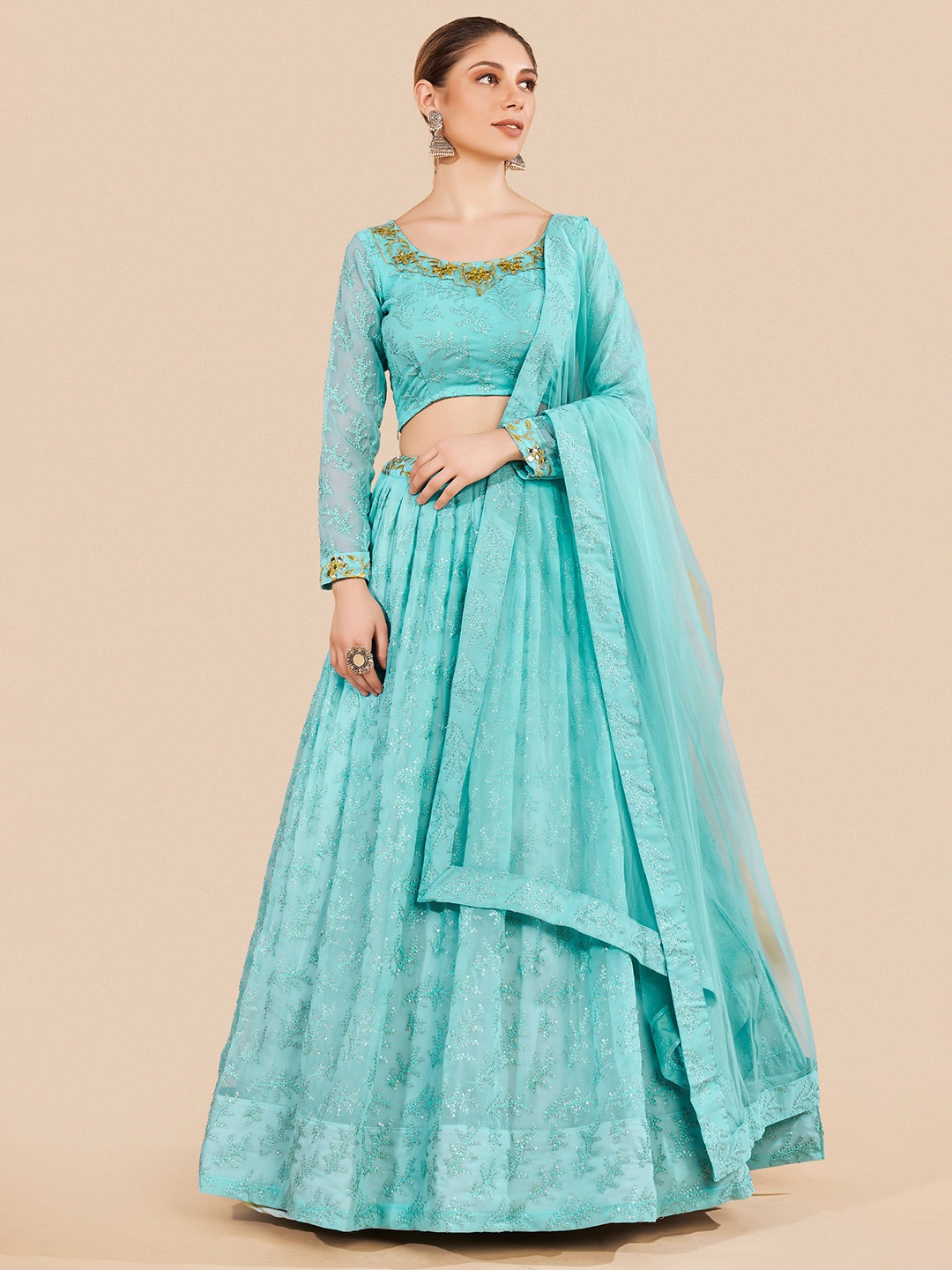

Fusionic Blue & Gold-Toned Semi-Stitched Lehenga & Unstitched Blouse With Dupatta