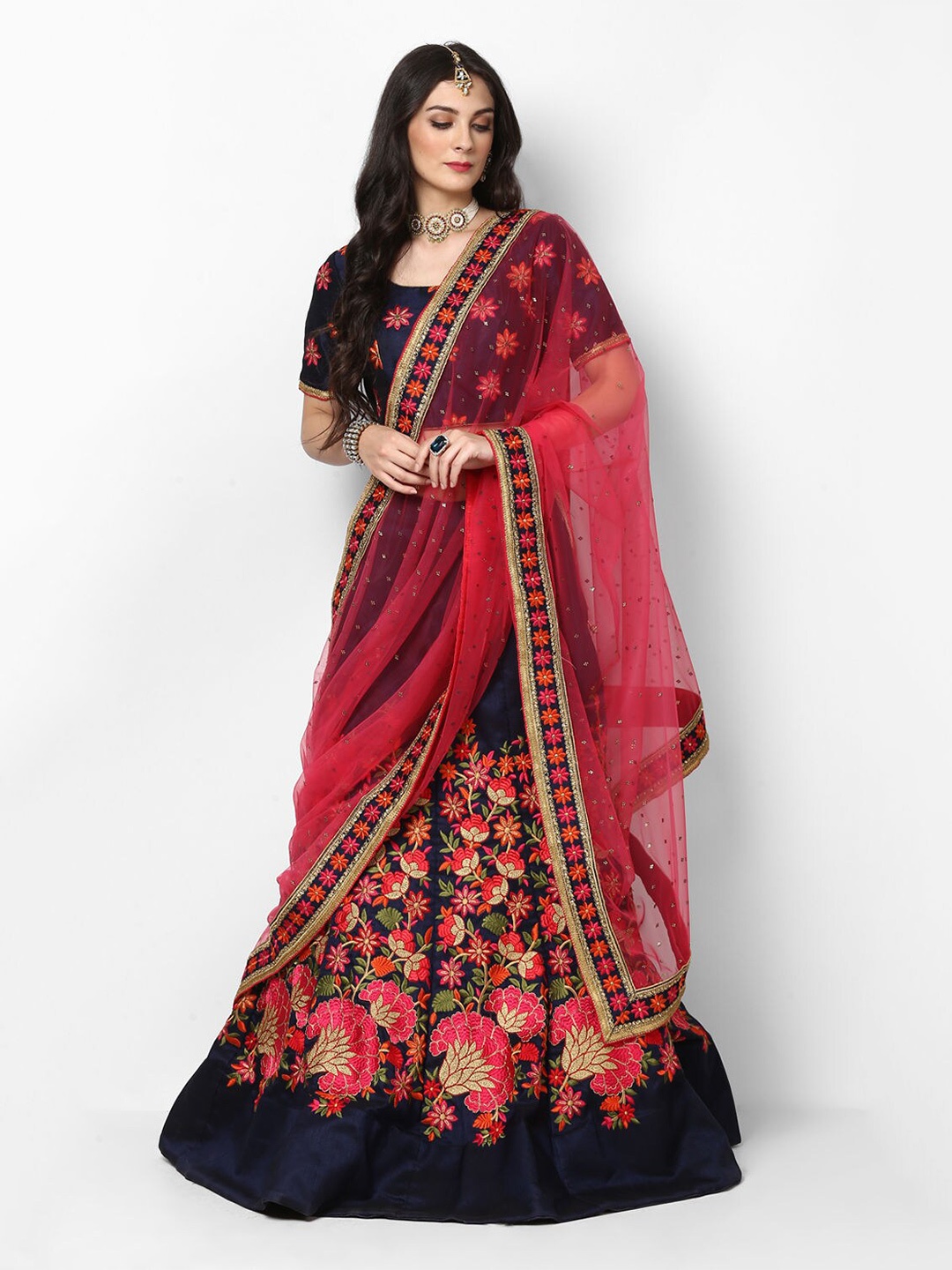 

Fusionic Blue & Red Embroidered Thread Work Semi-Stitched Lehenga & Unstitched Blouse With Dupatta