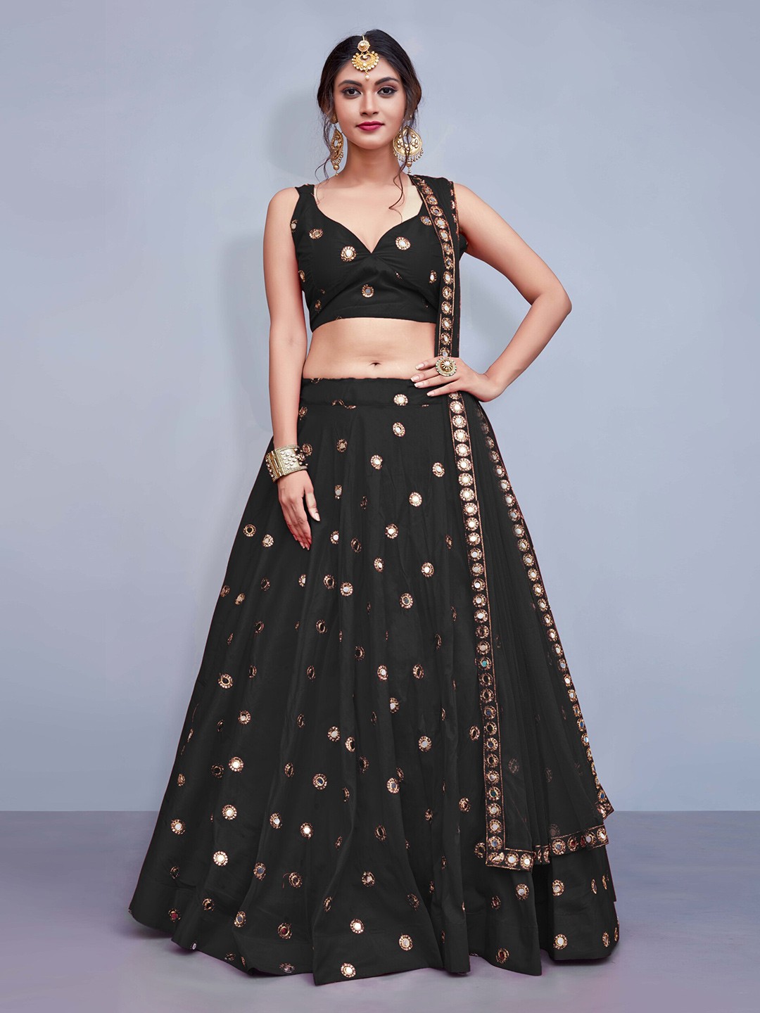 

Fusionic Black & Gold-Toned Embroidered Mirror Work Semi-Stitched Lehenga & Unstitched Blouse With Dupatta