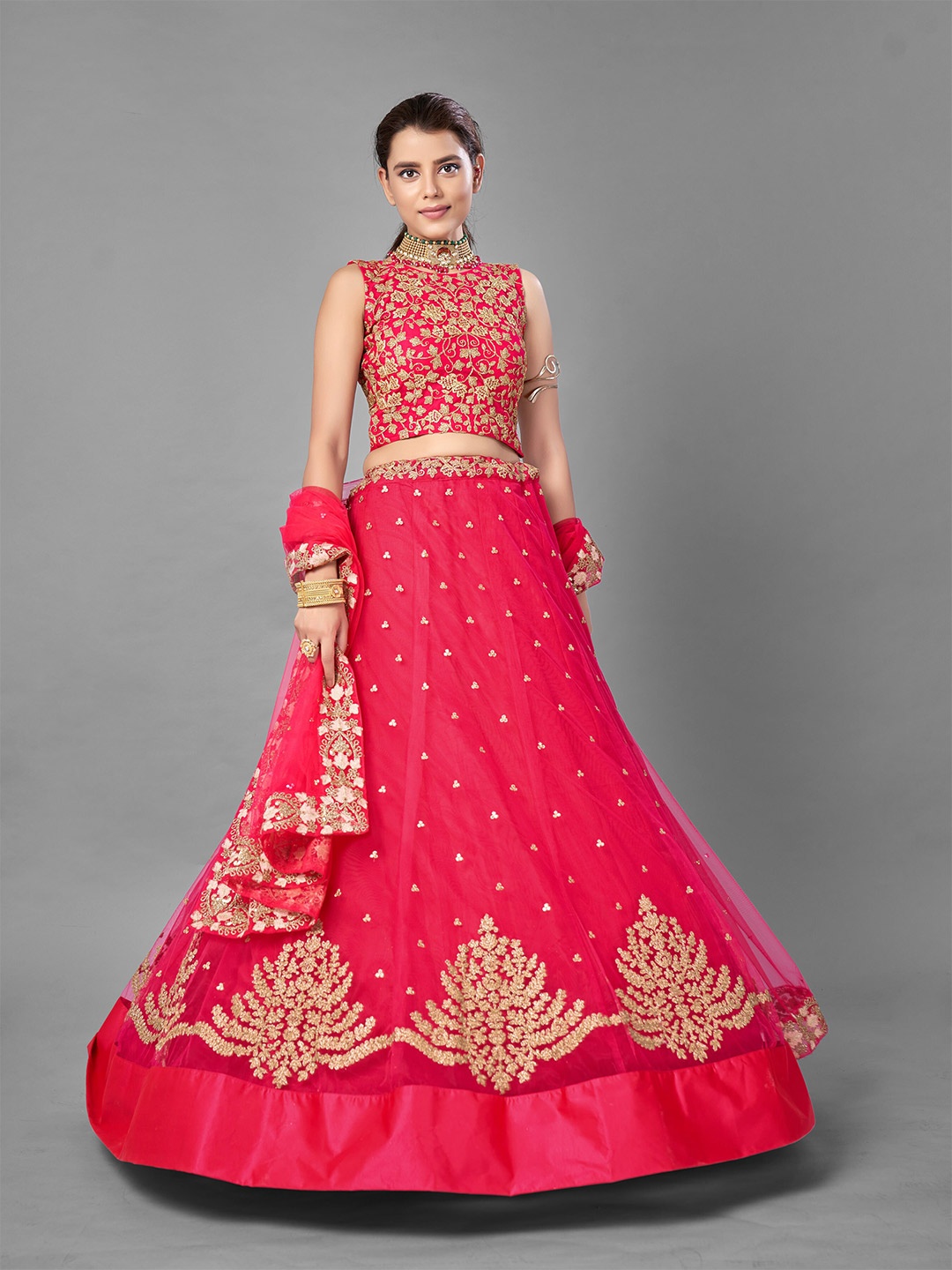 

Fusionic Pink & Gold-Toned Embroidered Thread Work Semi-Stitched Lehenga & Unstitched Blouse With Dupatta