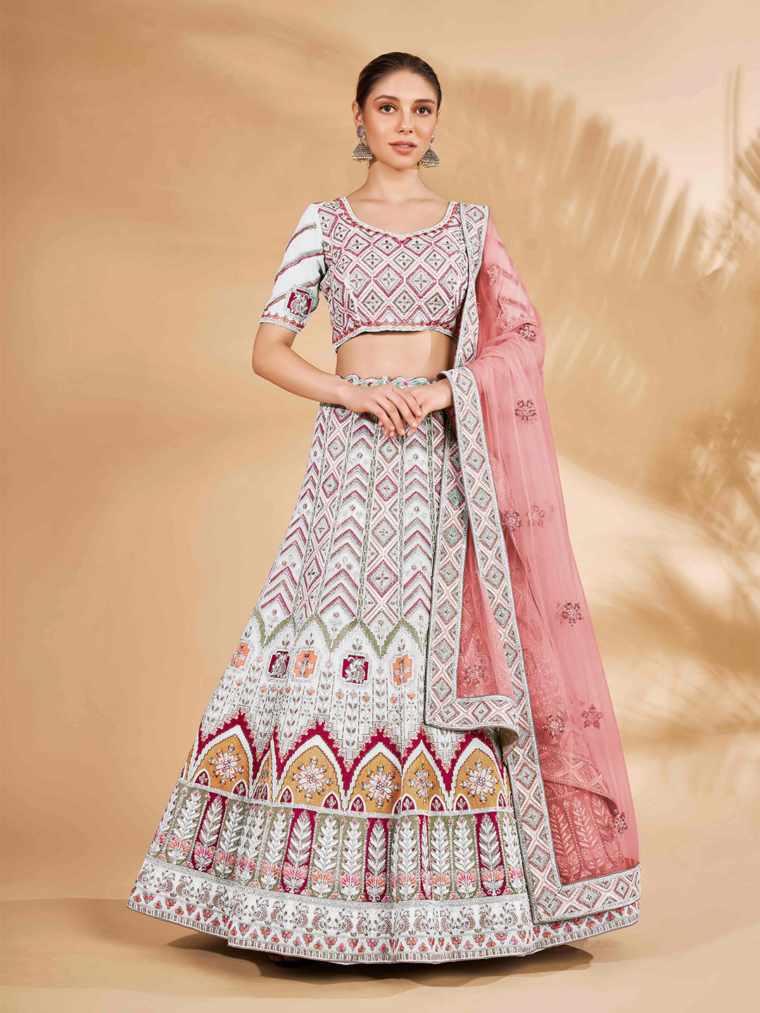 

Fusionic White & Pink Embroidered Semi-Stitched Lehenga & Unstitched Blouse With Dupatta