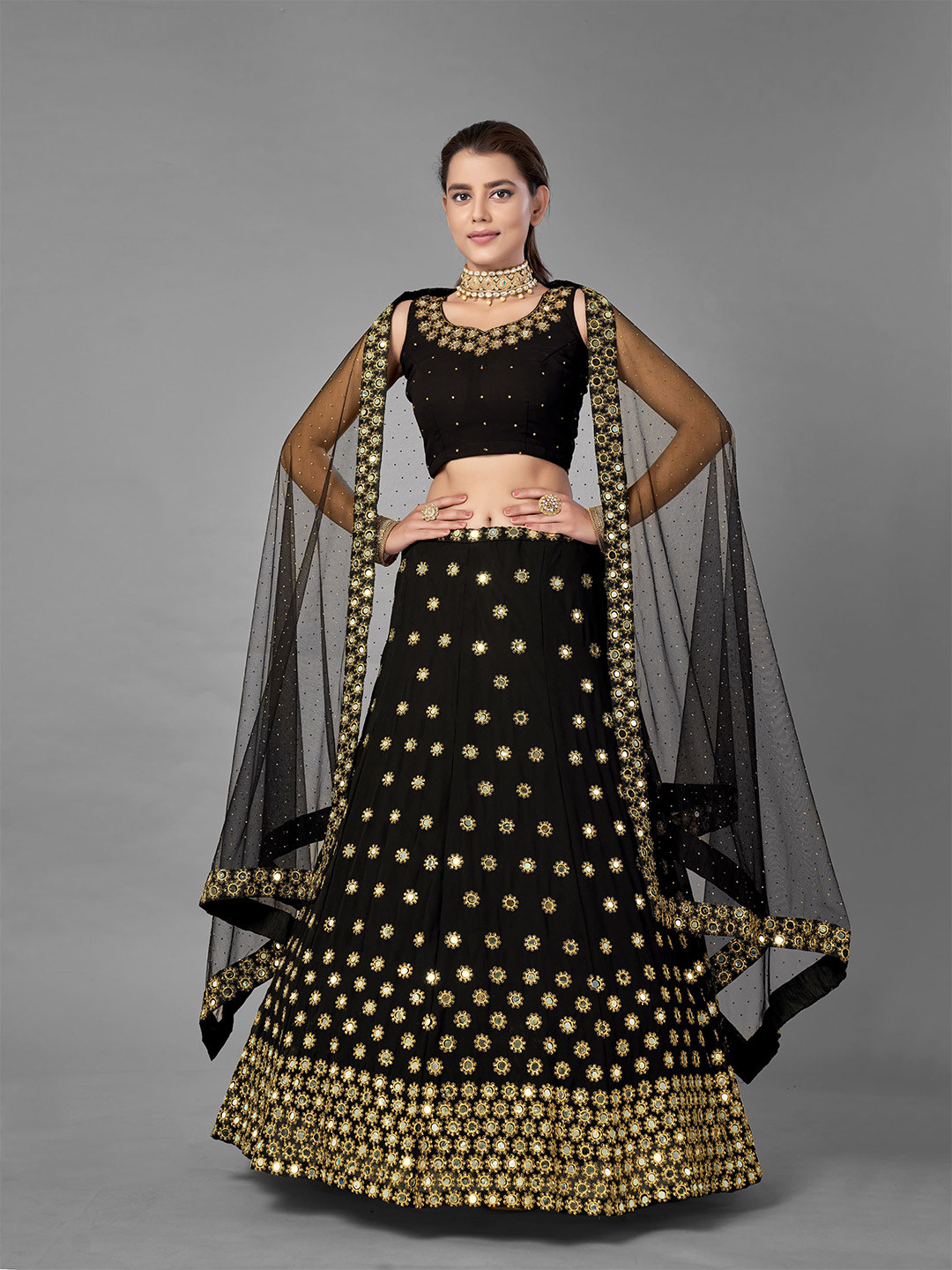 

Fusionic Black & Gold-Toned Embroidered Semi-Stitched Lehenga & Unstitched Blouse With Dupatta